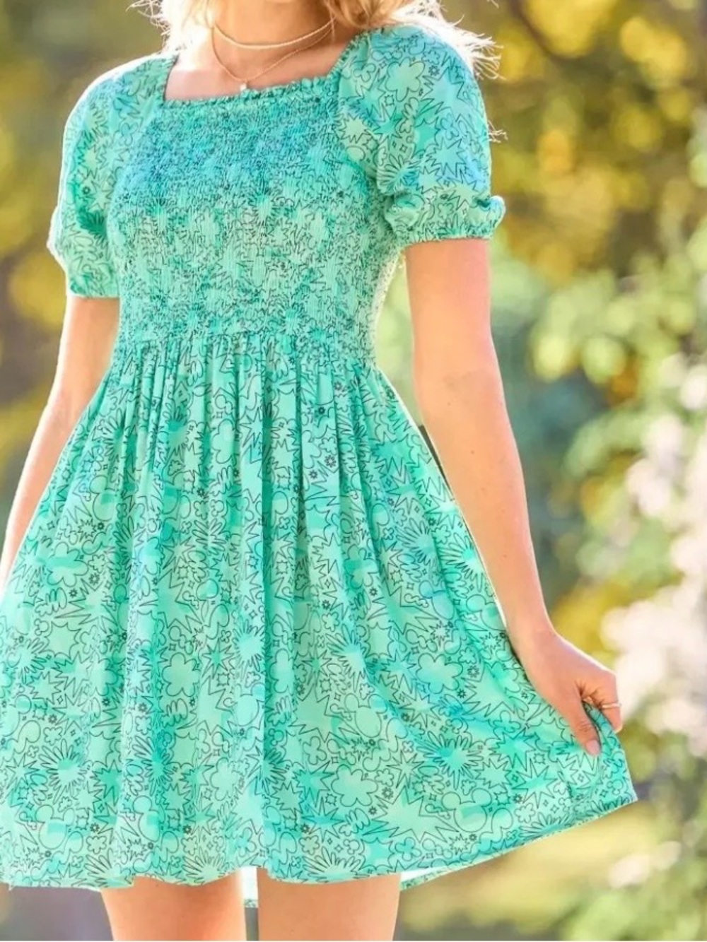 Disney Vacation Dress HER UNIVERSE Mickey Mouse Smocked Floral Mini Dress Teal